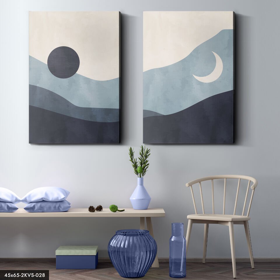 Güneş Ay Soyut Çalışma 2 Parça Kanvas - Canvas Tablo