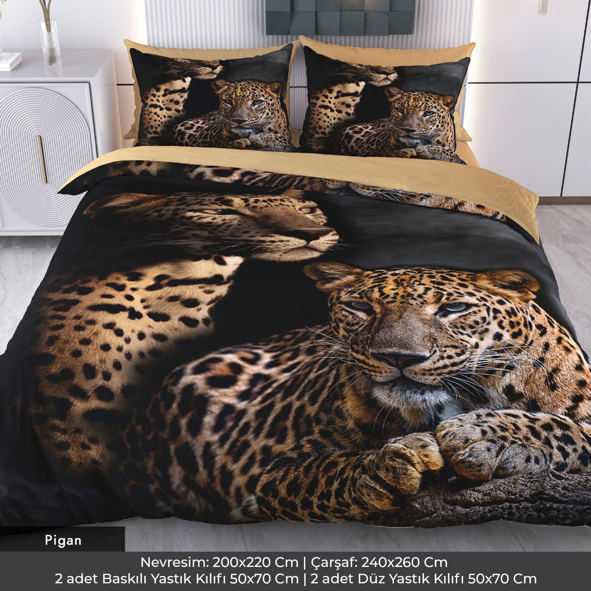 Leopar Çift Dijital Baskılı 3D 3 Boyutlu Çift Kişilik Nevresim Takımı Çift Kişilik