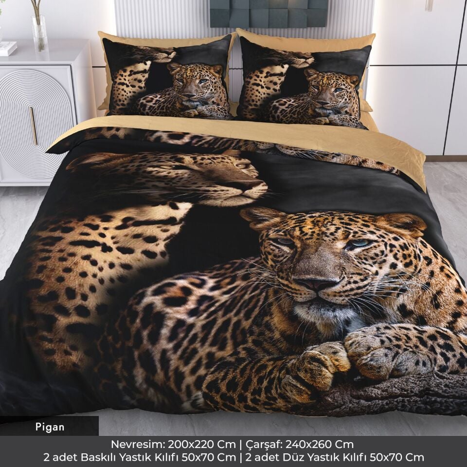 Leopar Çift Dijital Baskılı 3D 3 Boyutlu Çift Kişilik Nevresim Takımı Çift Kişilik