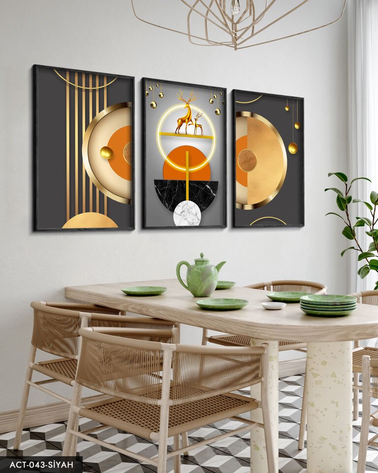 Gold, Geyik, Geometri, Soyut, Neon 3 Parça Ahşap Çerçeveli Tablo ACT