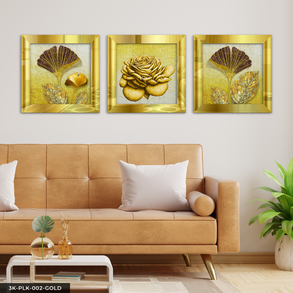 Gold Gül ve Yaprak 3 Parça Pleksi Aynalı Çerçeveli Tablo Gold - 30 x 30 CM