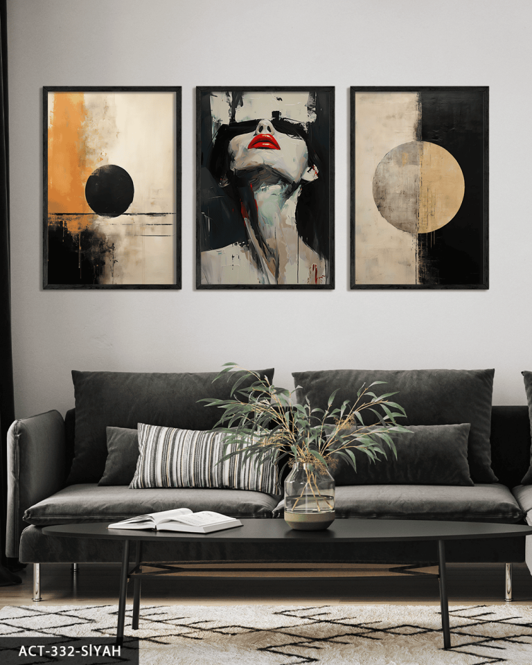 Dairesel Desenler ve Kadın Portresi 3 Parça Ahşap Çerçeveli Tablo ACT Siyah - 50 x 70 CM