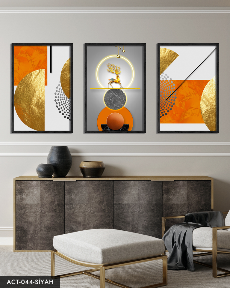 Gold, Geyik, Geometri, Soyut, Neon 3 Parça Ahşap Çerçeveli Tablo ACT