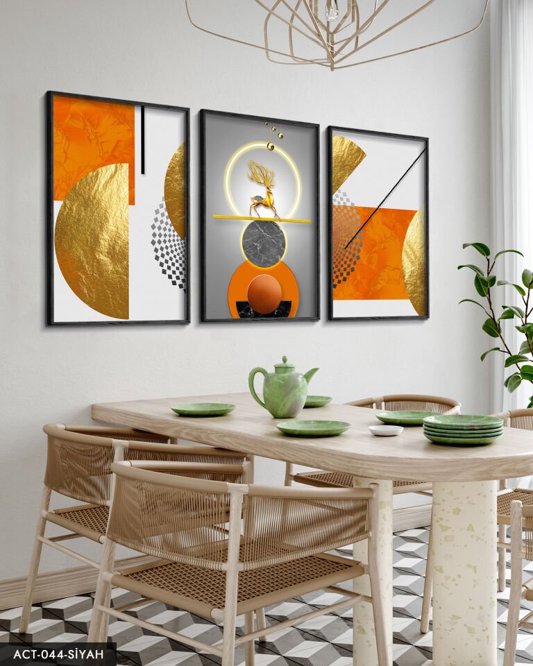 Gold, Geyik, Geometri, Soyut, Neon 3 Parça Ahşap Çerçeveli Tablo ACT