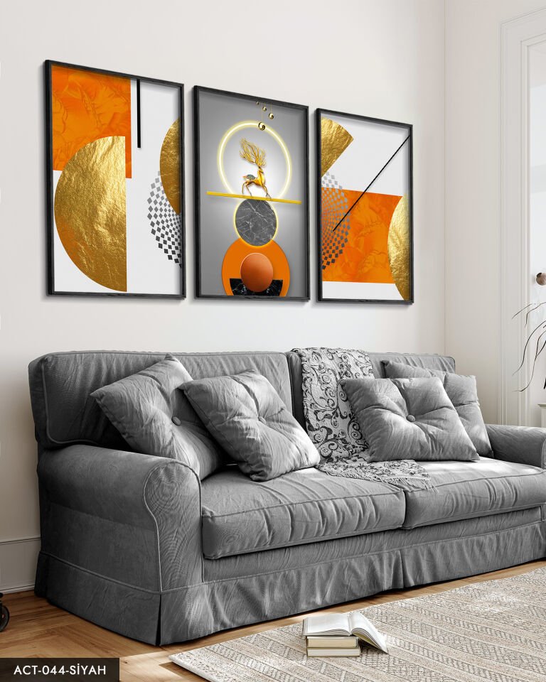 Gold, Geyik, Geometri, Soyut, Neon 3 Parça Ahşap Çerçeveli Tablo ACT