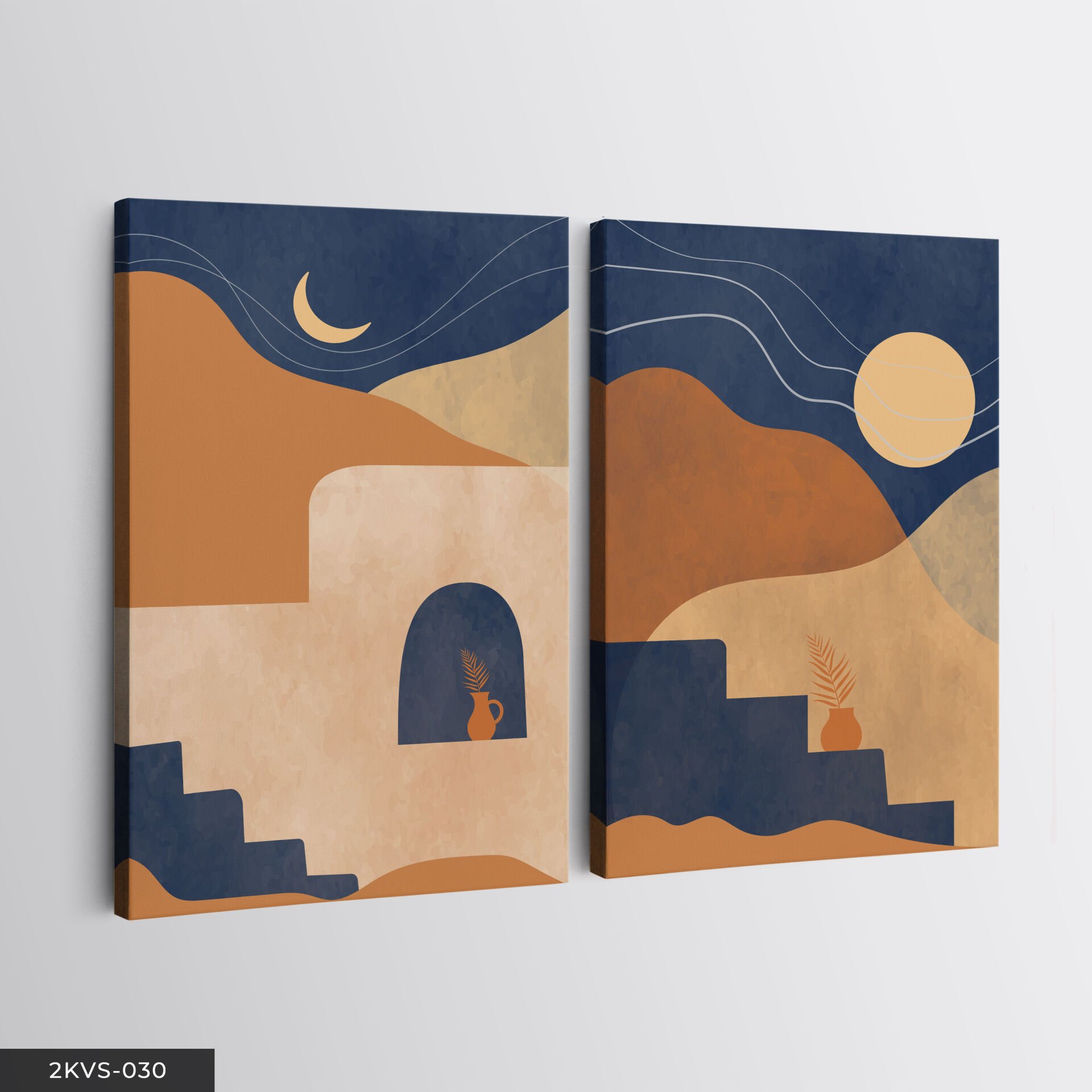 Güneş Ay Soyut Çalışma 2 Parça Kanvas - Canvas Tablo