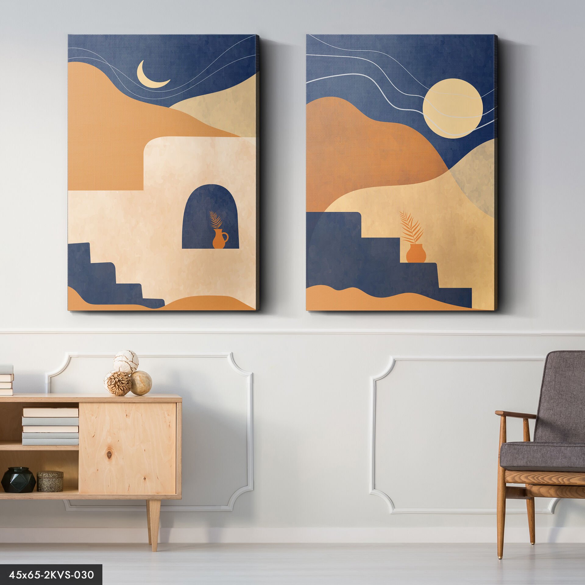 Güneş Ay Soyut Çalışma 2 Parça Kanvas - Canvas Tablo