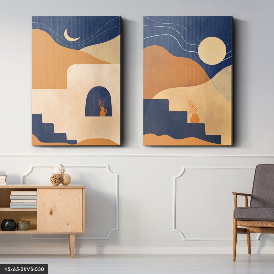 Güneş Ay Soyut Çalışma 2 Parça Kanvas - Canvas Tablo