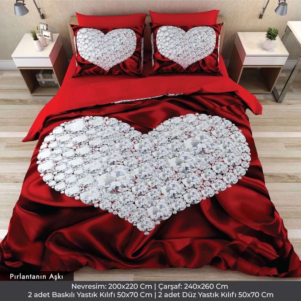 Kalp Pırlanta Dijital Baskılı 3D 3 Boyutlu Çift Kişilik Nevresim Takımı Çift Kişilik