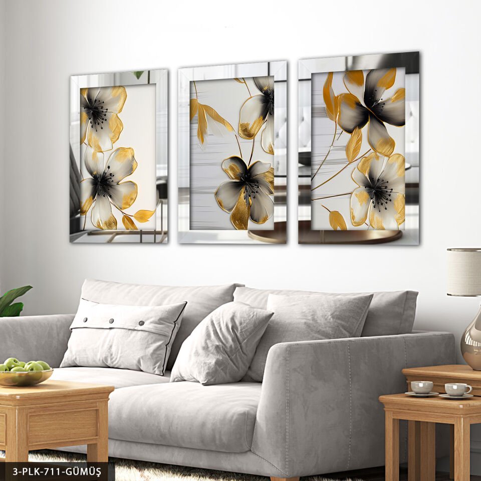 Gold Detaylı Siyah Çiçek 3 Parça Pleksi Aynalı Tablo Gümüş - 20 x 30 CM