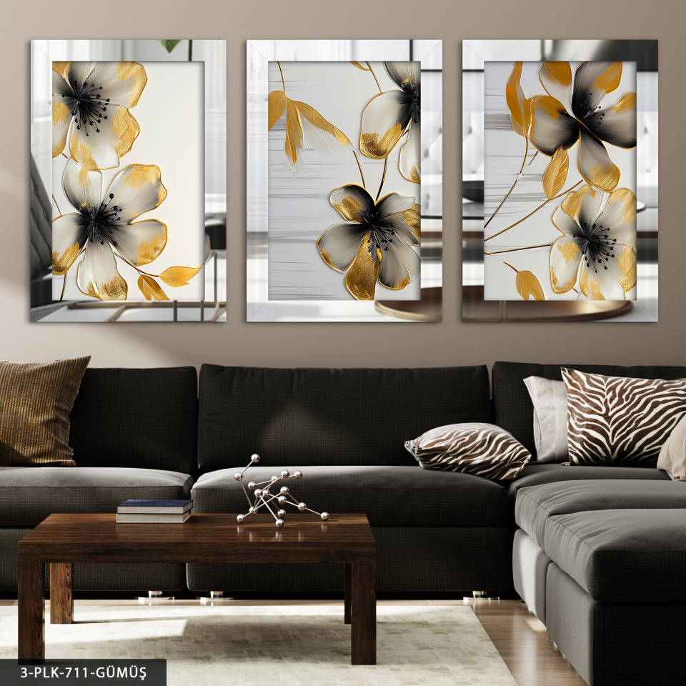 Gold Detaylı Siyah Çiçek 3 Parça Pleksi Aynalı Tablo Gümüş - 20 x 30 CM