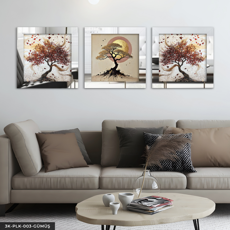 Kırmızı Yapraklı Ağaç ve Ay 3 Parça Pleksi Aynalı Çerçeveli Tablo Gümüş - 30 x 30 CM