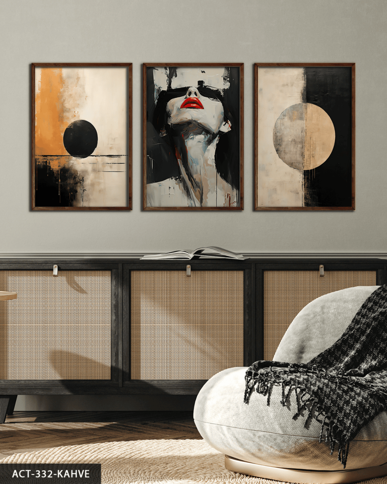 Dairesel Desenler ve Kadın Portresi 3 Parça Ahşap Çerçeveli Tablo ACT Kahverengi - 40 x 60 CM