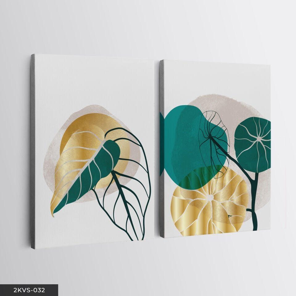 Gold Turkuaz Çizim Çiçek 2 Parça Kanvas - Canvas Tablo