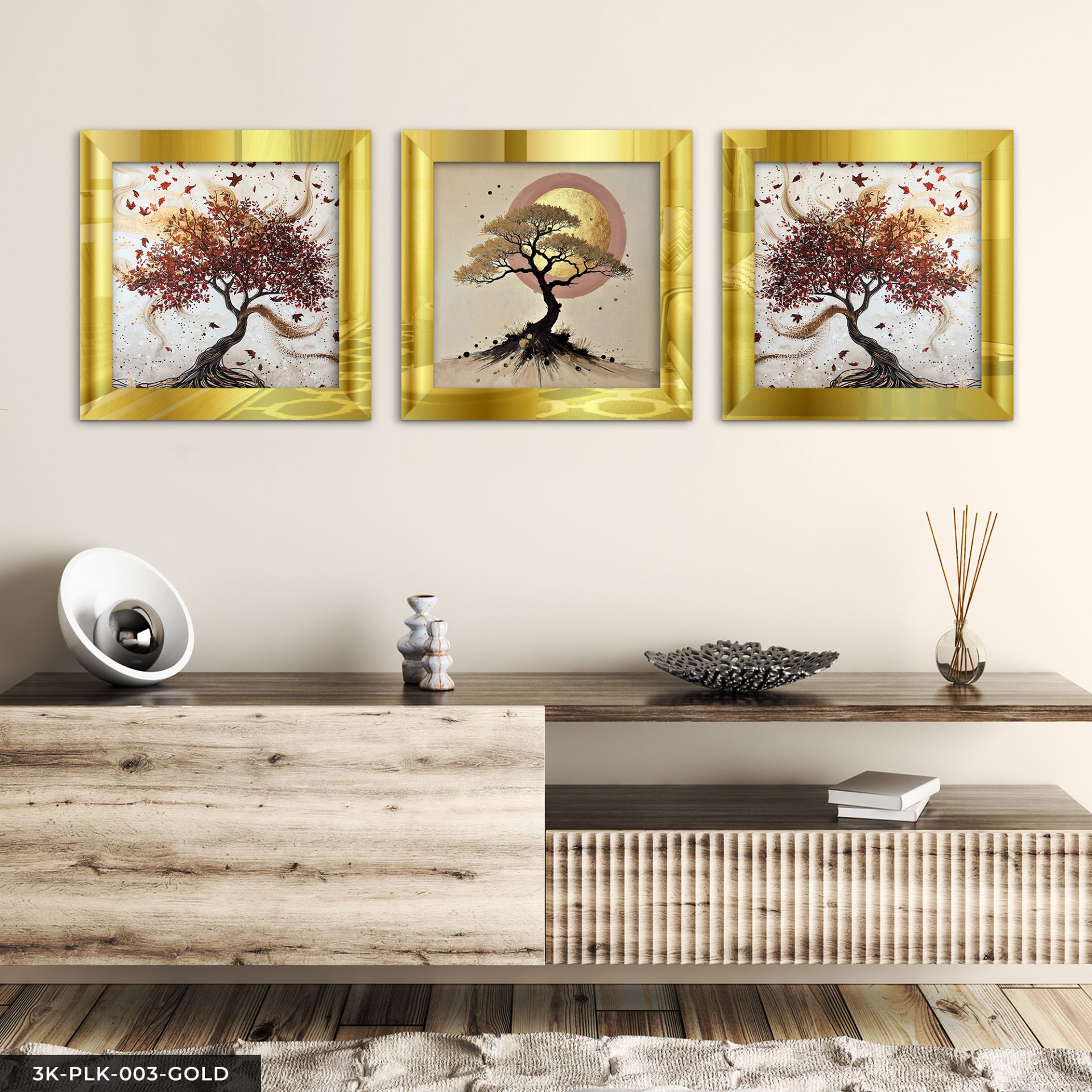 Kırmızı Yapraklı Ağaç ve Ay 3 Parça Pleksi Aynalı Çerçeveli Tablo Gold - 30 x 30 CM