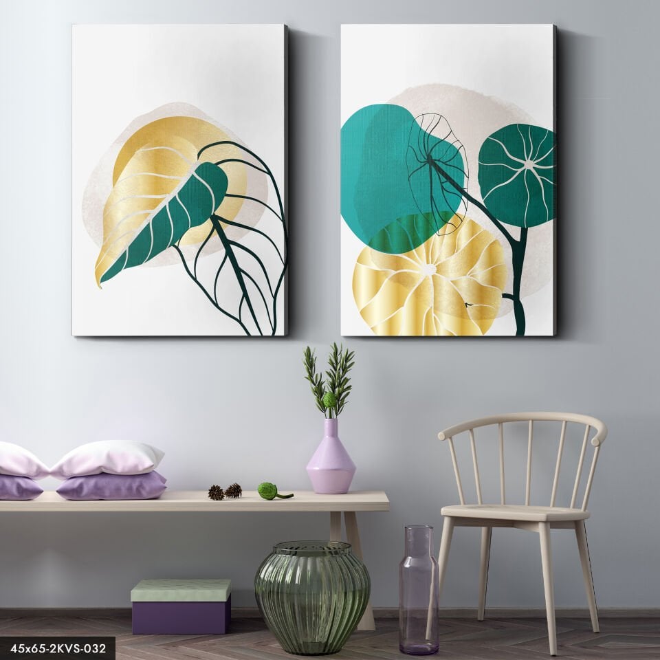 Gold Turkuaz Çizim Çiçek 2 Parça Kanvas - Canvas Tablo