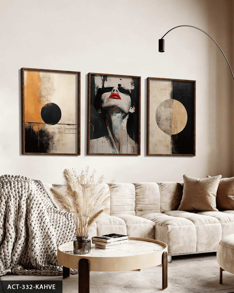 Dairesel Desenler ve Kadın Portresi 3 Parça Ahşap Çerçeveli Tablo ACT Kahverengi - 50 x 70 CM
