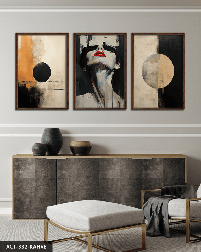 Dairesel Desenler ve Kadın Portresi 3 Parça Ahşap Çerçeveli Tablo ACT Kahverengi - 50 x 70 CM