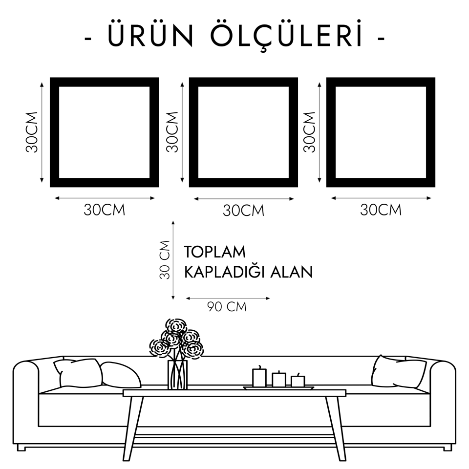 Kırmızı Yapraklı Ağaç ve Ay 3 Parça Pleksi Aynalı Çerçeveli Tablo Gold - 30 x 30 CM