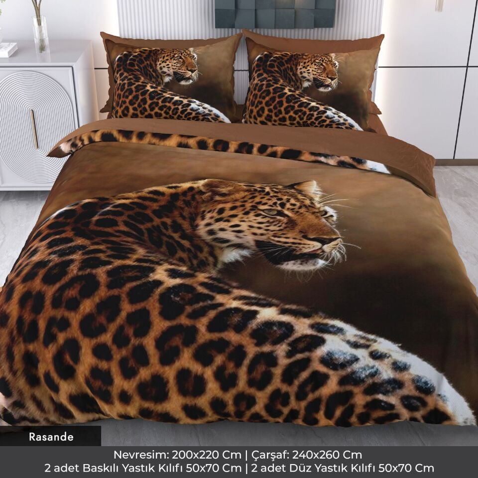 Leopar Desen Dijital Baskılı 3D 3 Boyutlu Çift Kişilik Nevresim Takımı Çift Kişilik