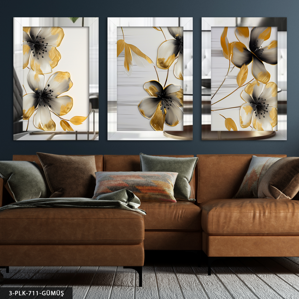 Gold Detaylı Siyah Çiçek 3 Parça Pleksi Aynalı Tablo Gümüş - 40 x 60 CM