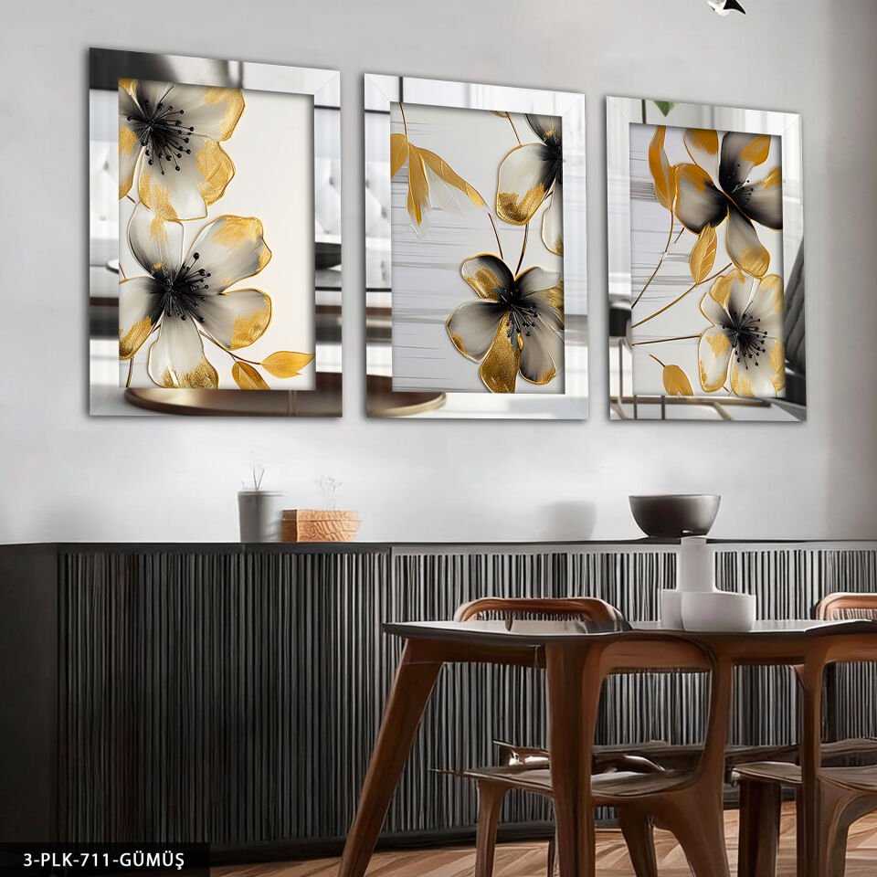 Gold Detaylı Siyah Çiçek 3 Parça Pleksi Aynalı Tablo Gümüş - 40 x 60 CM