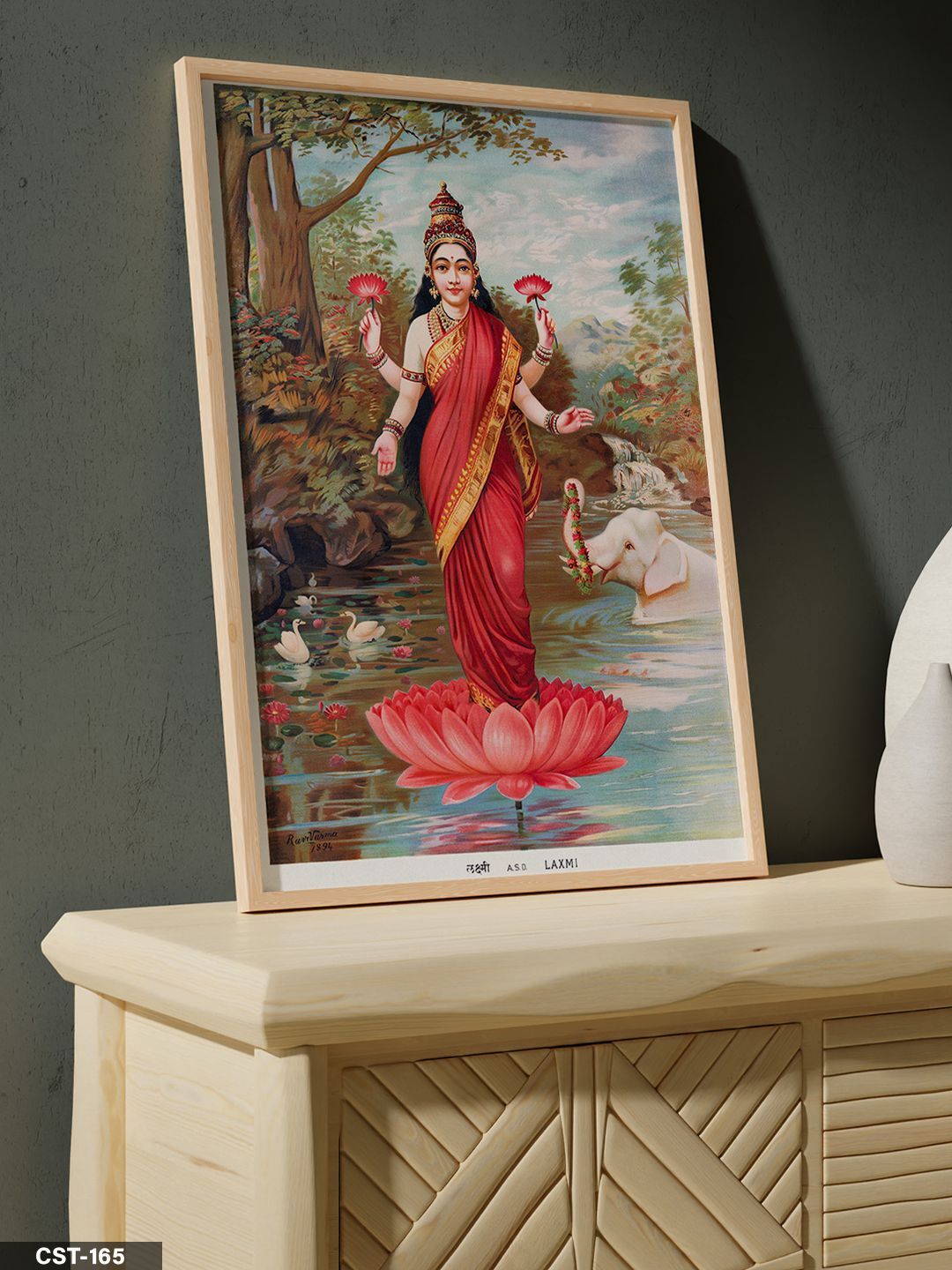 Gaja Lakshmi (Fillerle Birlikte Lakshmi) Tek Parça Ahşap Çerçeveli Tablo Naturel - 20 x 30 CM