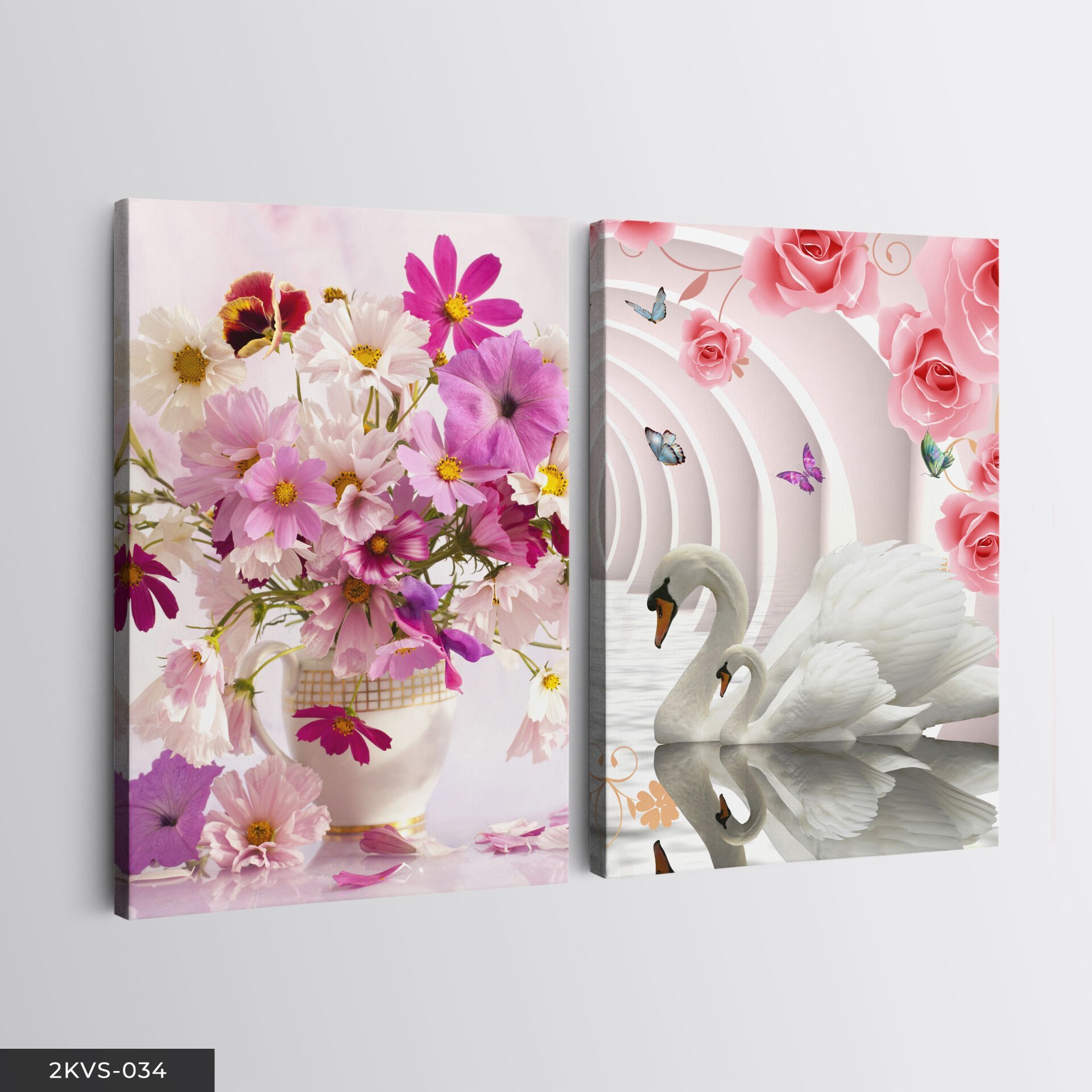 Kuğu Çiçekler 2 Parça Kanvas - Canvas Tablo