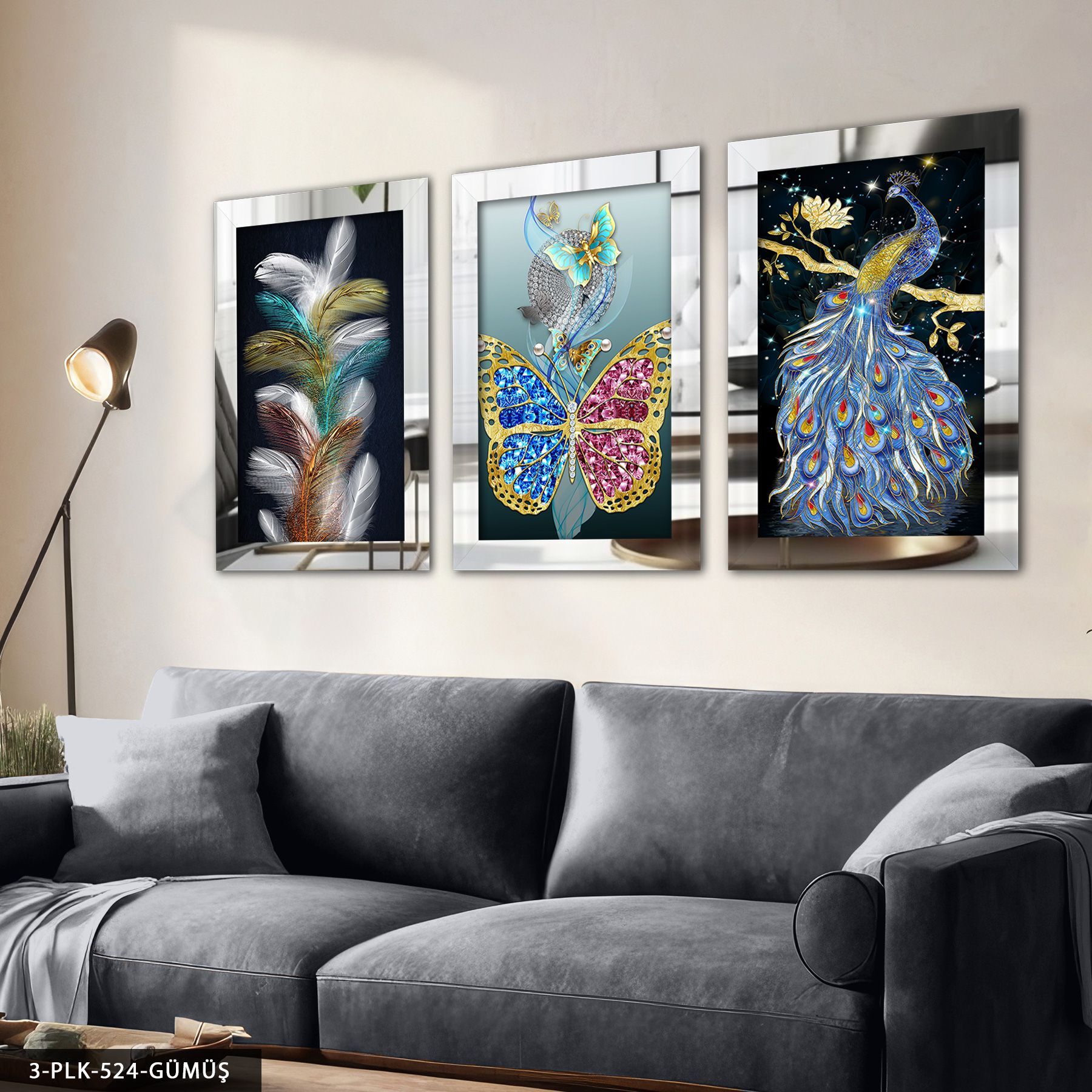 Kuş Tüy Kelebek 3 Parça Pleksi Aynalı Tablo 50 x 70 CM - Gümüş