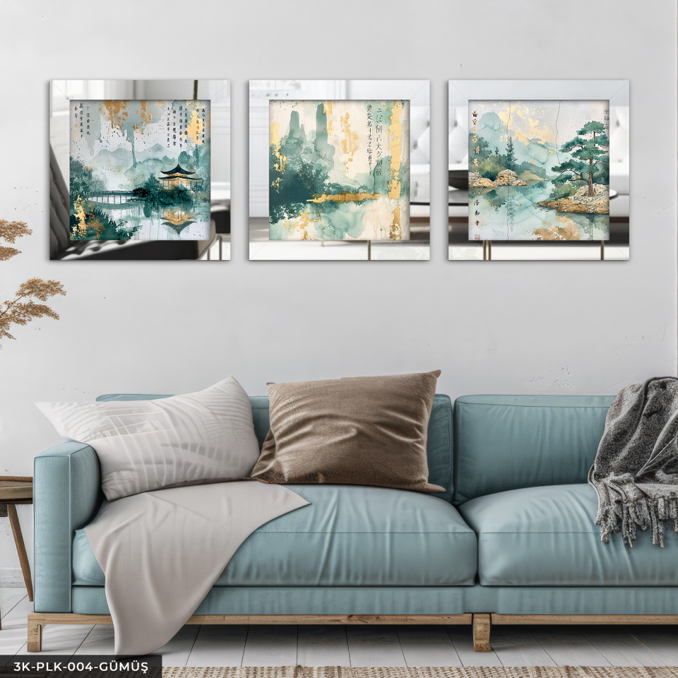 Sulu Boya Görünümlü Japon Tapınağı 3 Parça Pleksi Aynalı Çerçeveli Tablo Gümüş - 30 x 30 CM