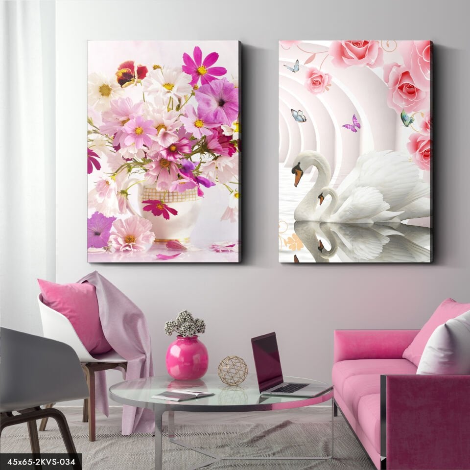 Kuğu Çiçekler 2 Parça Kanvas - Canvas Tablo