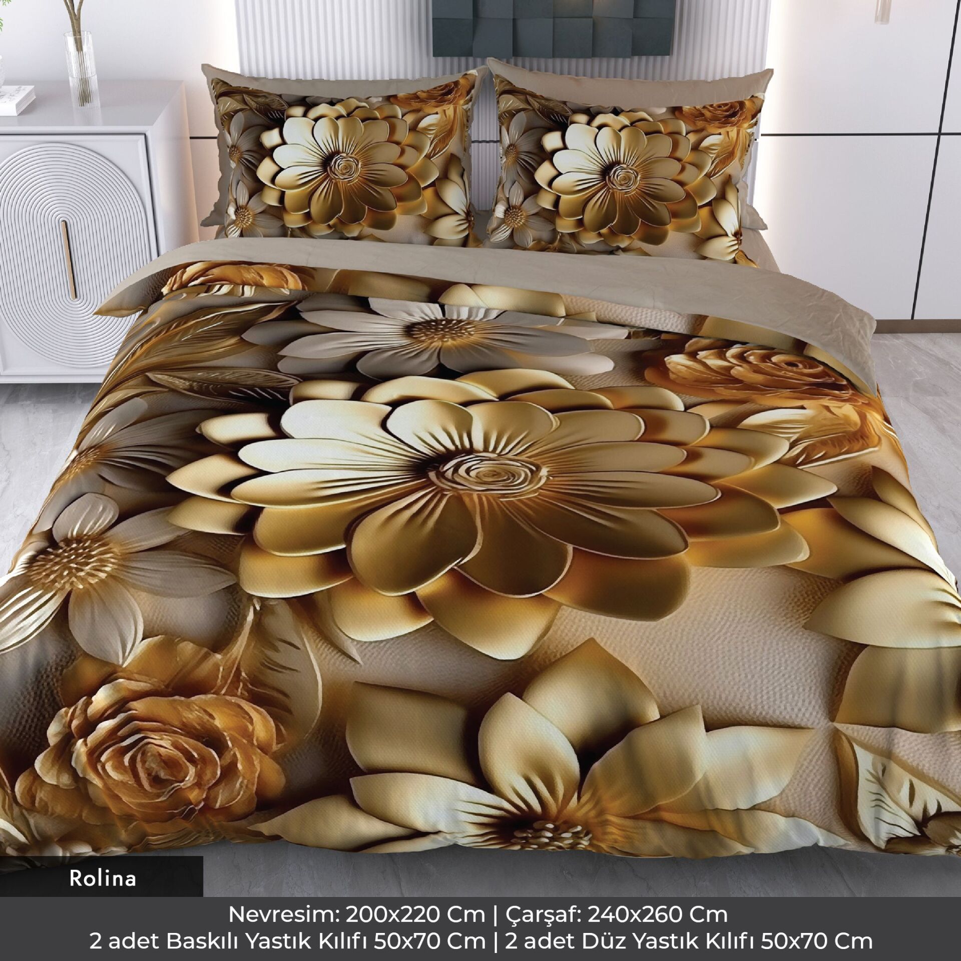 Gold Çiçekler Dijital Baskılı 3D 3 Boyutlu Çift Kişilik Nevresim Takımı Çift Kişilik