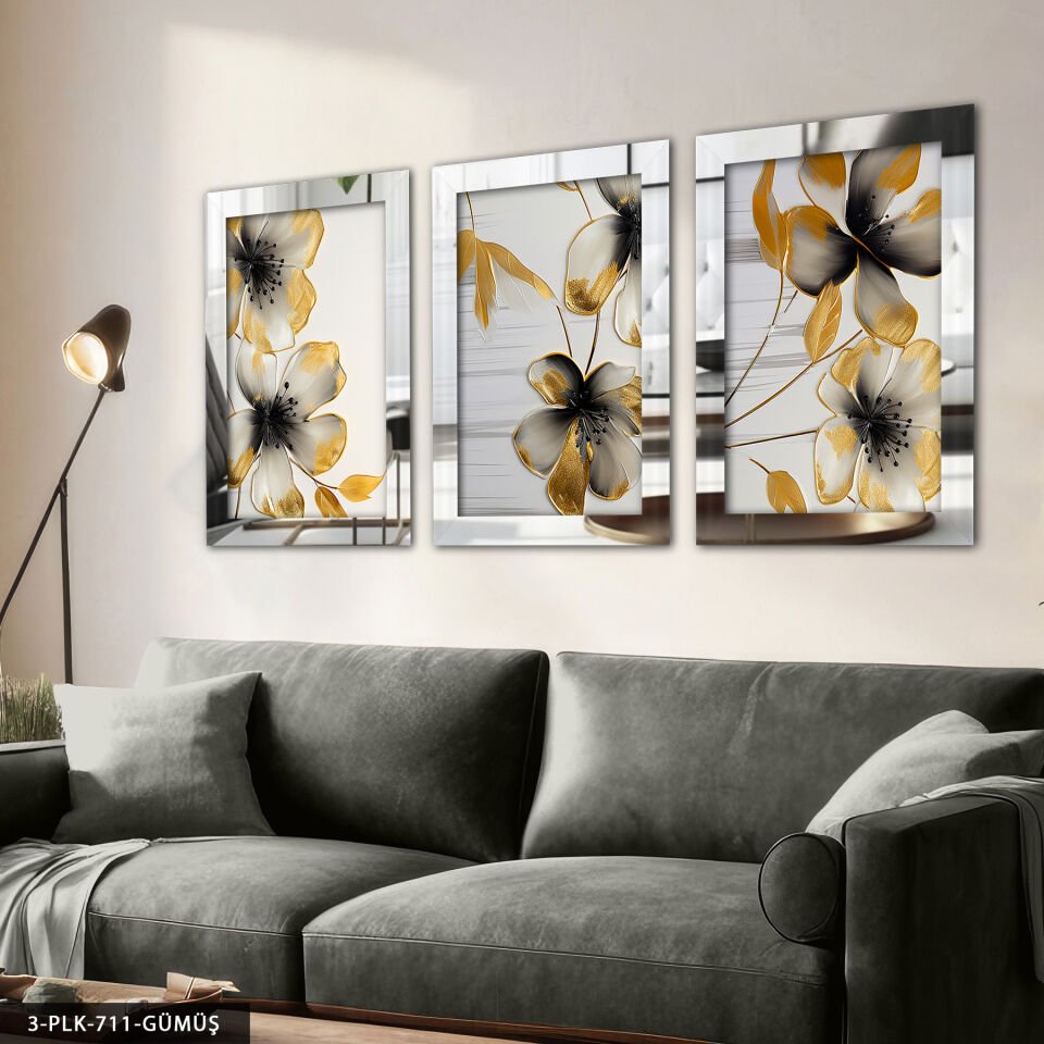 Gold Detaylı Siyah Çiçek 3 Parça Pleksi Aynalı Tablo Gümüş - 60 x 80 CM
