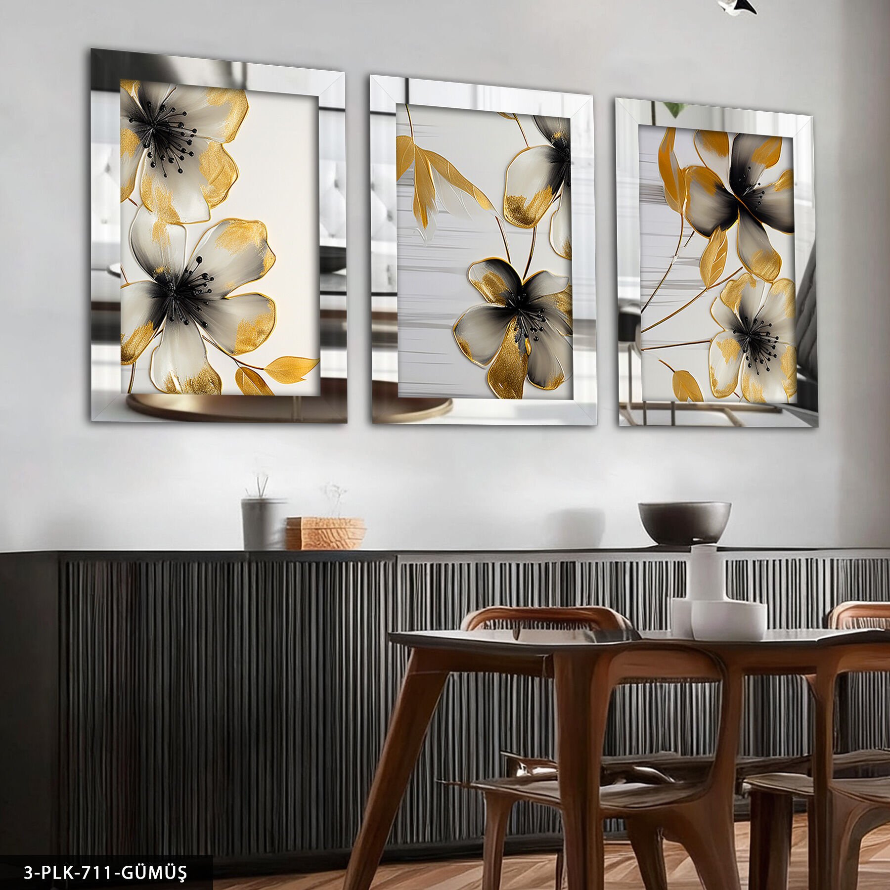 Gold Detaylı Siyah Çiçek 3 Parça Pleksi Aynalı Tablo Gümüş - 60 x 80 CM