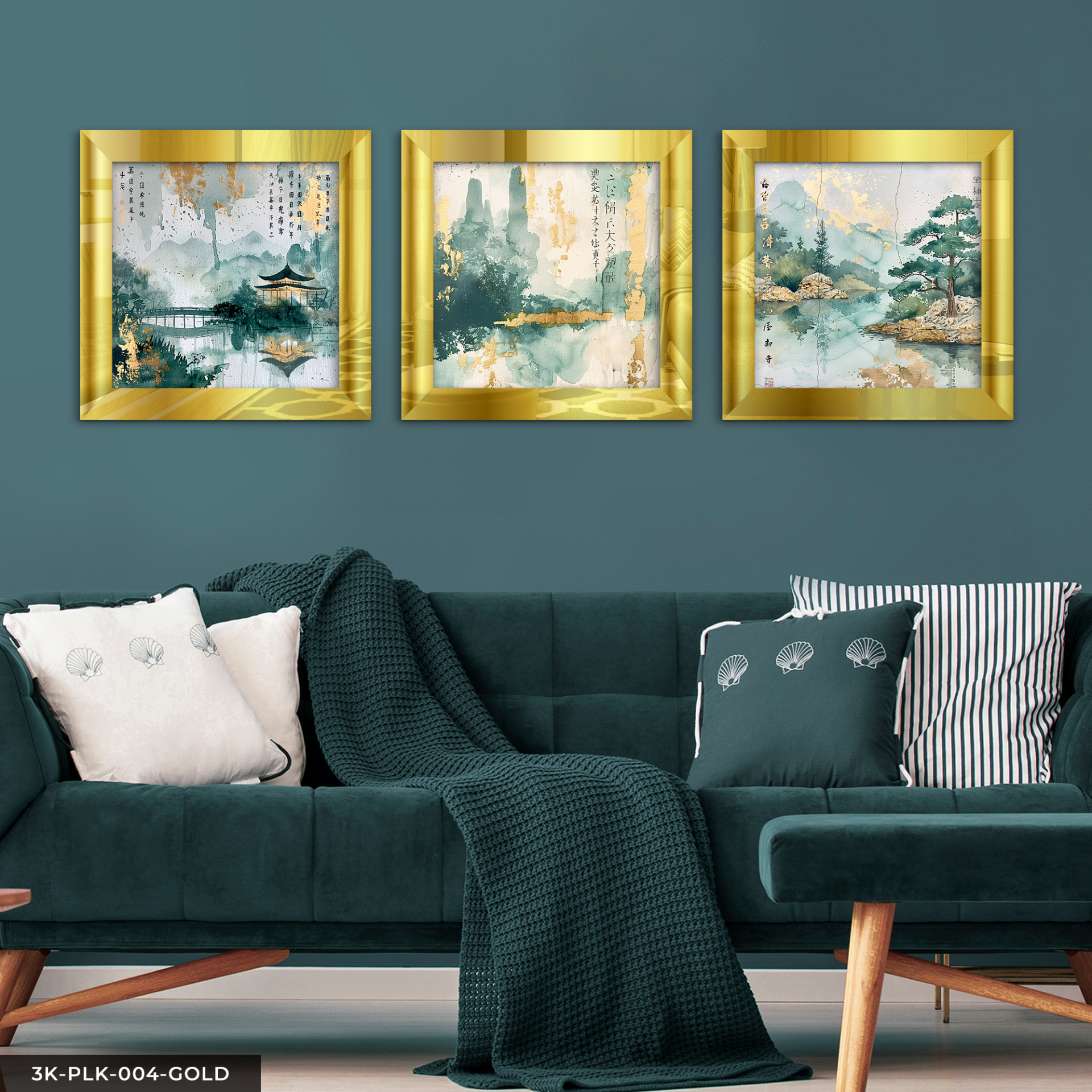 Sulu Boya Görünümlü Japon Tapınağı 3 Parça Pleksi Aynalı Çerçeveli Tablo Gold - 30 x 30 CM