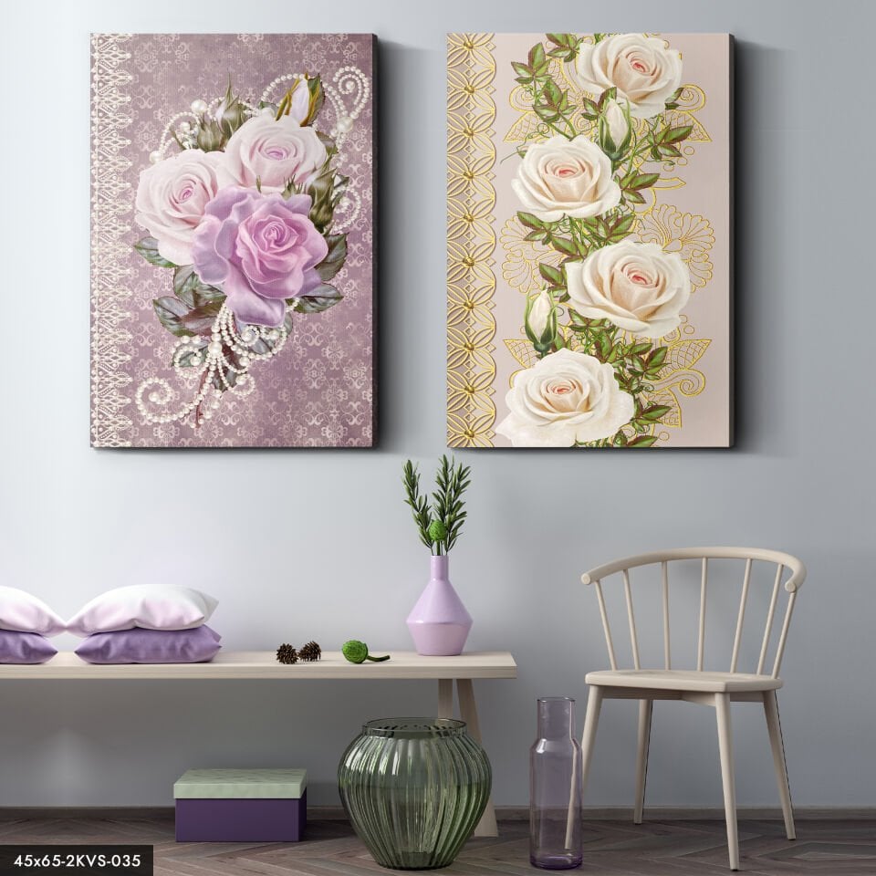 Renkli Çiçekler 2 Parça Kanvas - Canvas Tablo