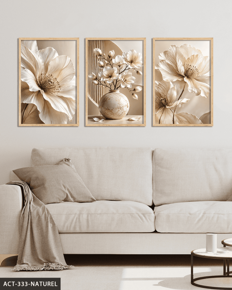 Beyaz Zarif Çiçekler 3 Parça Ahşap Çerçeveli Tablo ACT Naturel - 40 x 60 CM