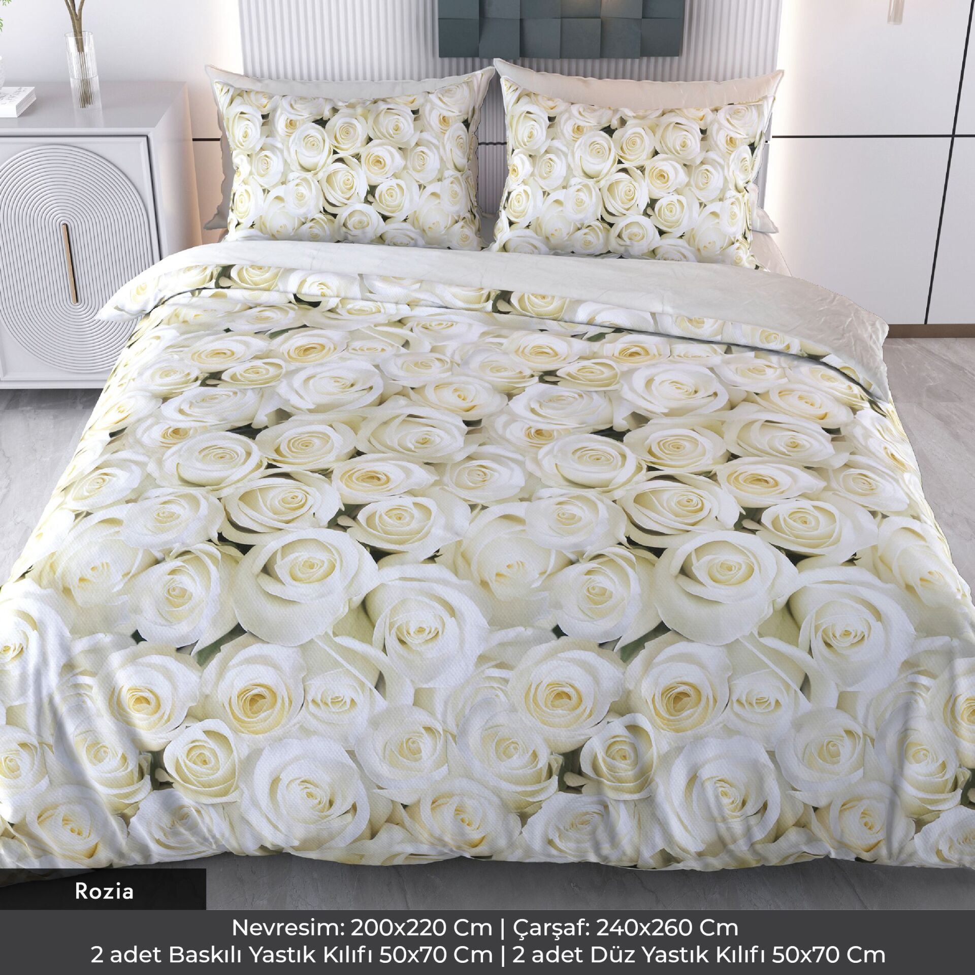 Beyaz Güller Dijital Baskılı 3D 3 Boyutlu Çift Kişilik Nevresim Takımı Çift Kişilik