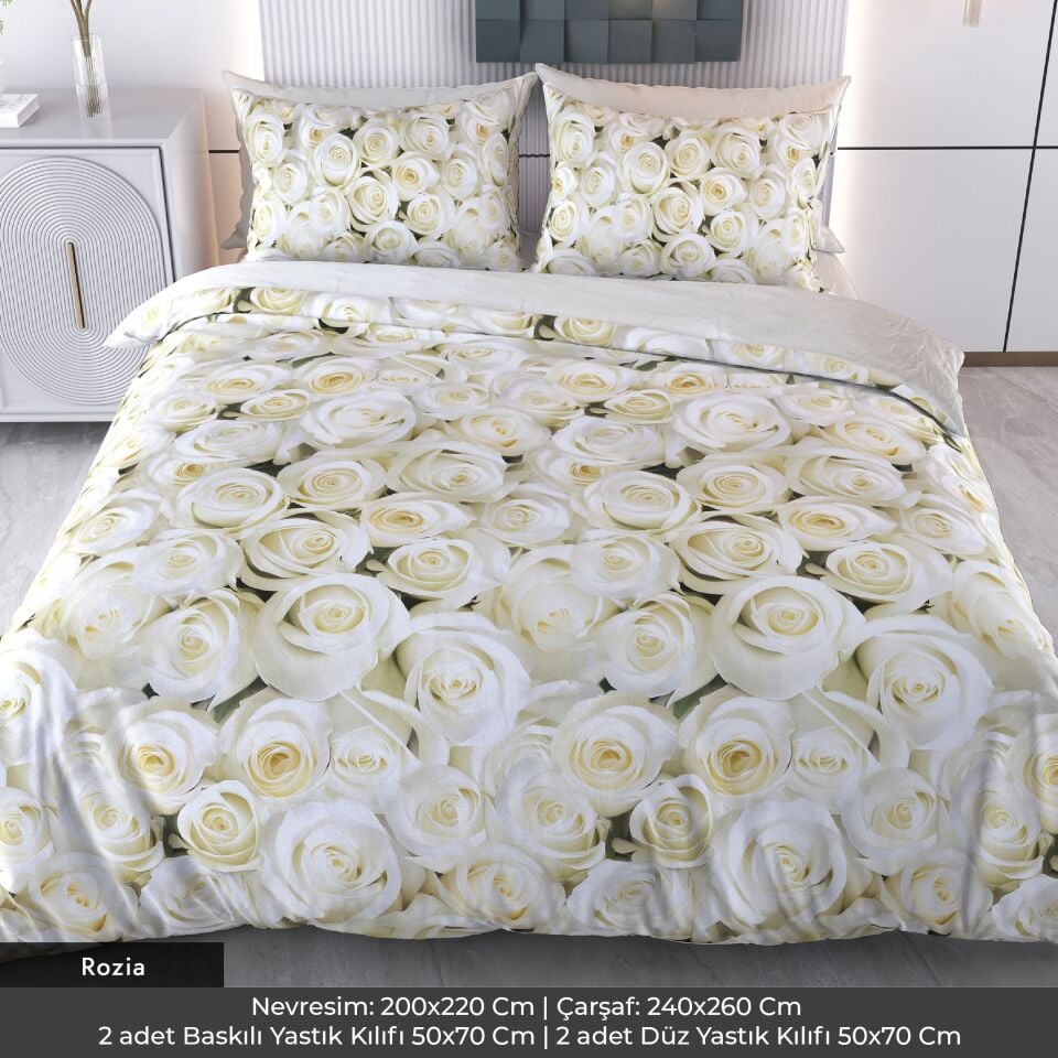 Beyaz Güller Dijital Baskılı 3D 3 Boyutlu Çift Kişilik Nevresim Takımı Çift Kişilik