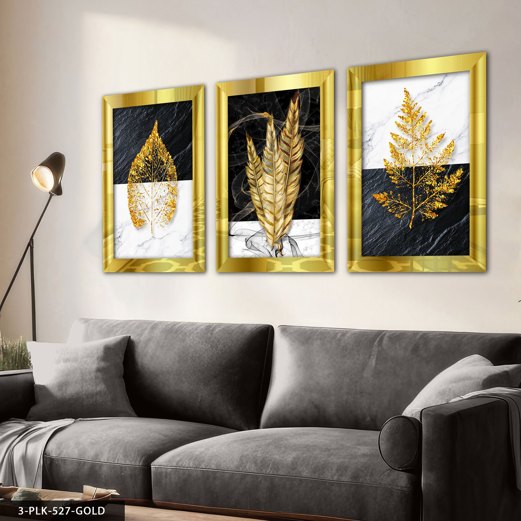 Yaprak Tüy 3 Parça Pleksi Aynalı Tablo 50 x 70 CM - Gold