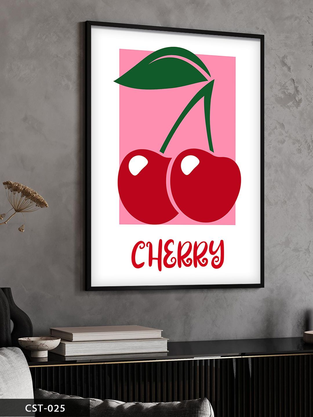 Cherry Pembe Kiraz Tek Parça Ahşap Çerçeveli Tablo Siyah - 50 x 70 CM