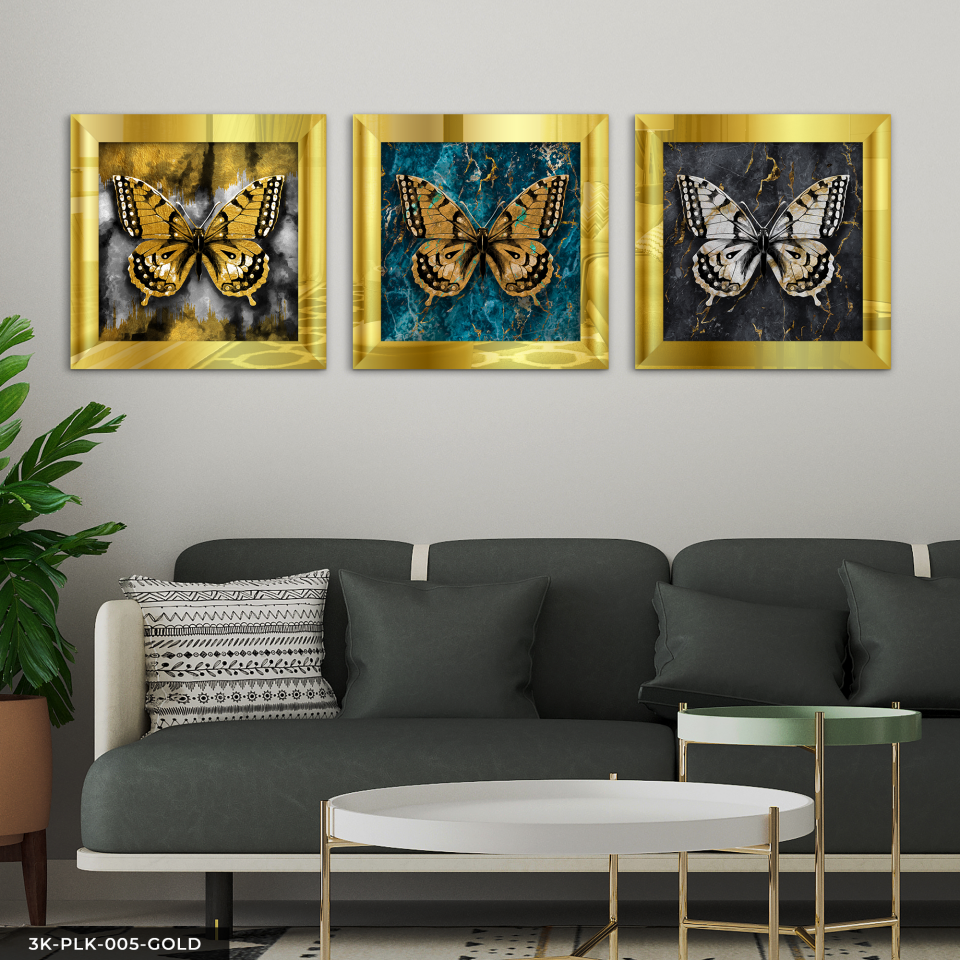 Kelebekler 3 Parça Pleksi Aynalı Çerçeveli Tablo Gold - 30 x 30 CM