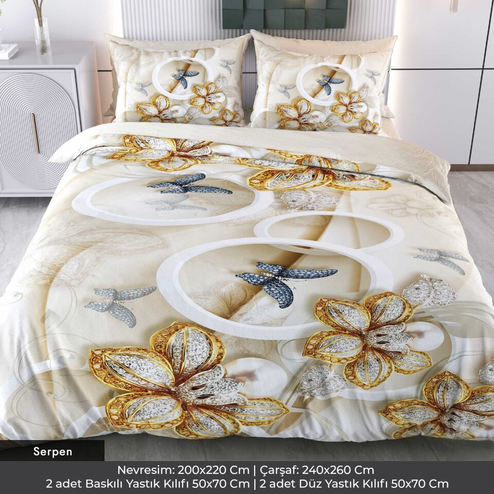 Elmas Çiçek ve Kelebek Dijital Baskılı 3D 3 Boyutlu Çift Kişilik Nevresim Takımı Çift Kişilik