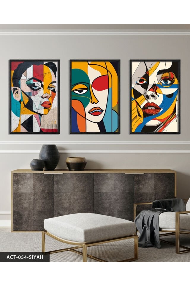 Renkli Kadın Portre 3 Parça Ahşap Çerçeveli Tablo