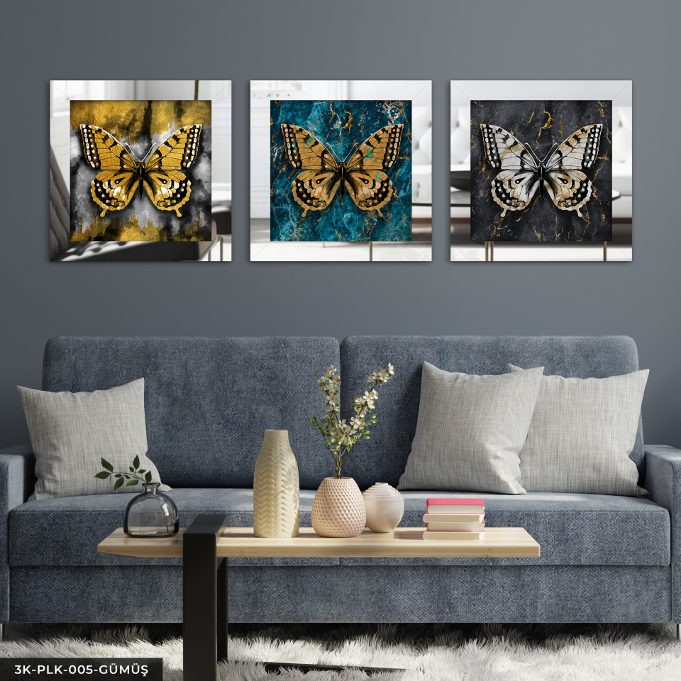 Kelebekler 3 Parça Pleksi Aynalı Çerçeveli Tablo Gümüş - 30 x 30 CM