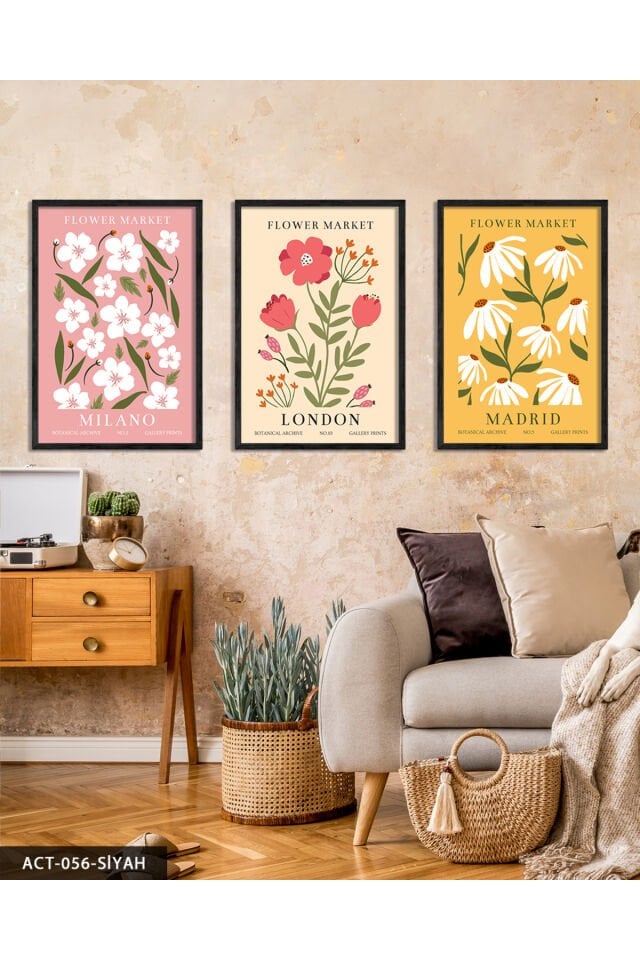 Çiçek Market 3 Parça Ahşap Çerçeveli Tablo