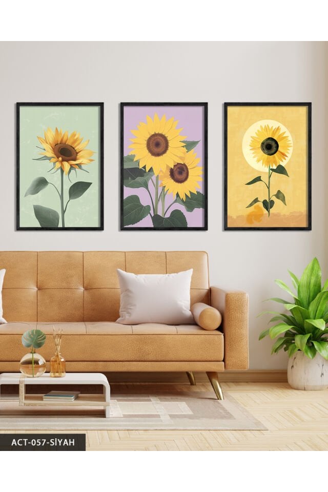 Ay çiçekleri 3 Parça Ahşap Çerçeveli Tablo