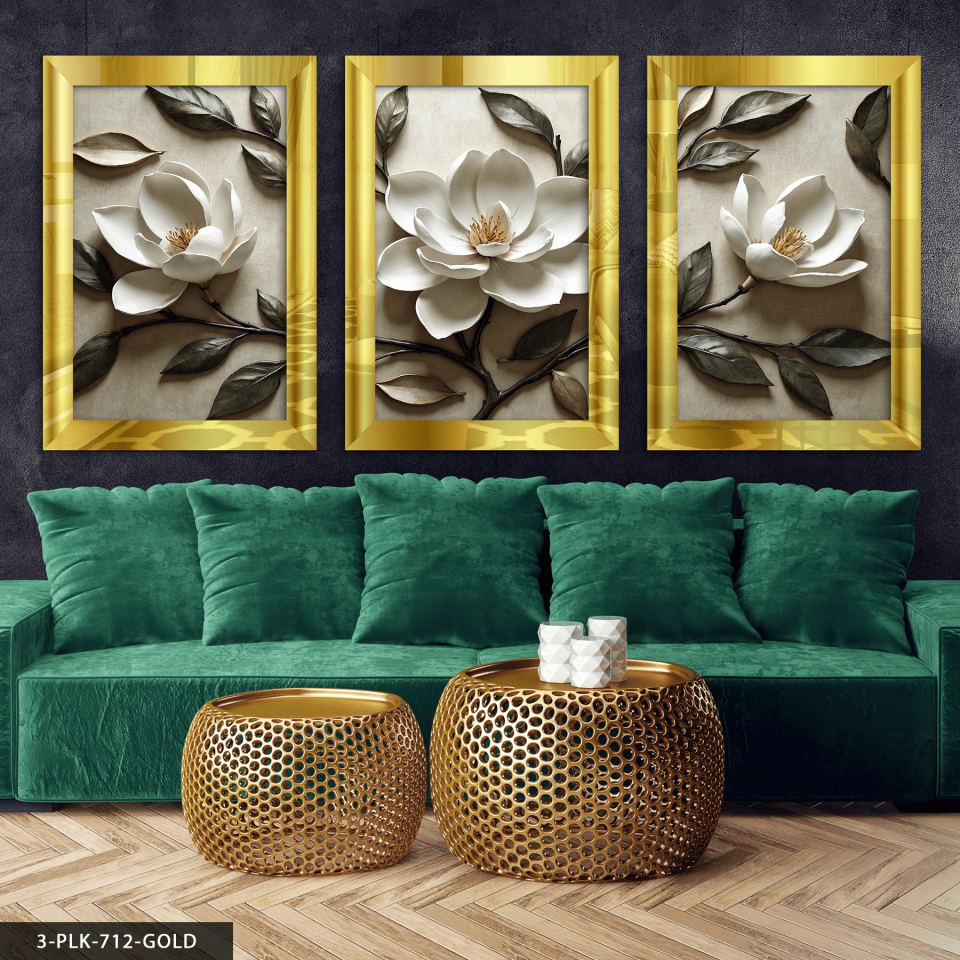 Beyaz Çiçek ve Yapraklar 3 Parça Pleksi Aynalı Tablo 20 x 30 CM - Gold