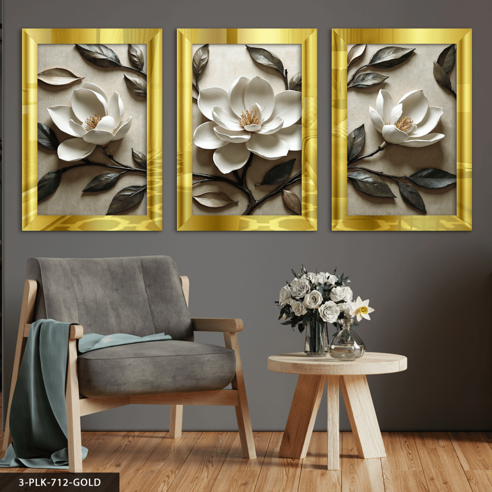 Beyaz Çiçek ve Yapraklar 3 Parça Pleksi Aynalı Tablo 20 x 30 CM - Gold