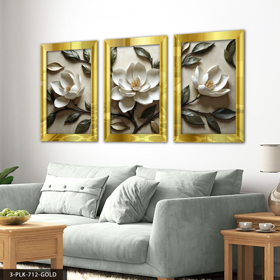 Beyaz Çiçek ve Yapraklar 3 Parça Pleksi Aynalı Tablo 20 x 30 CM - Gold